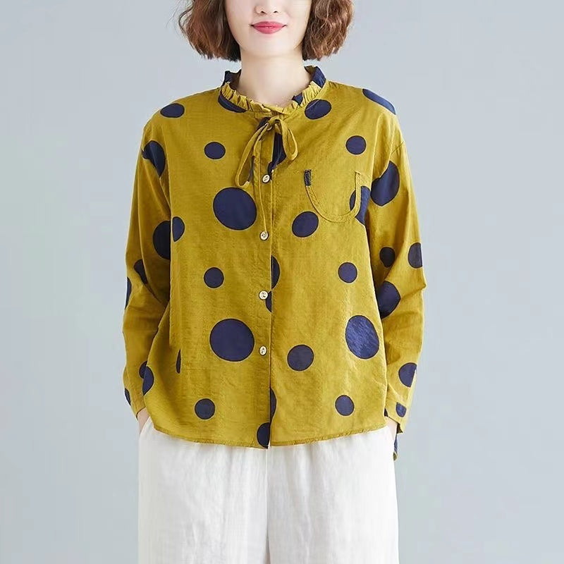 Casual Literary Linen Ruffle Neck Shirt Top