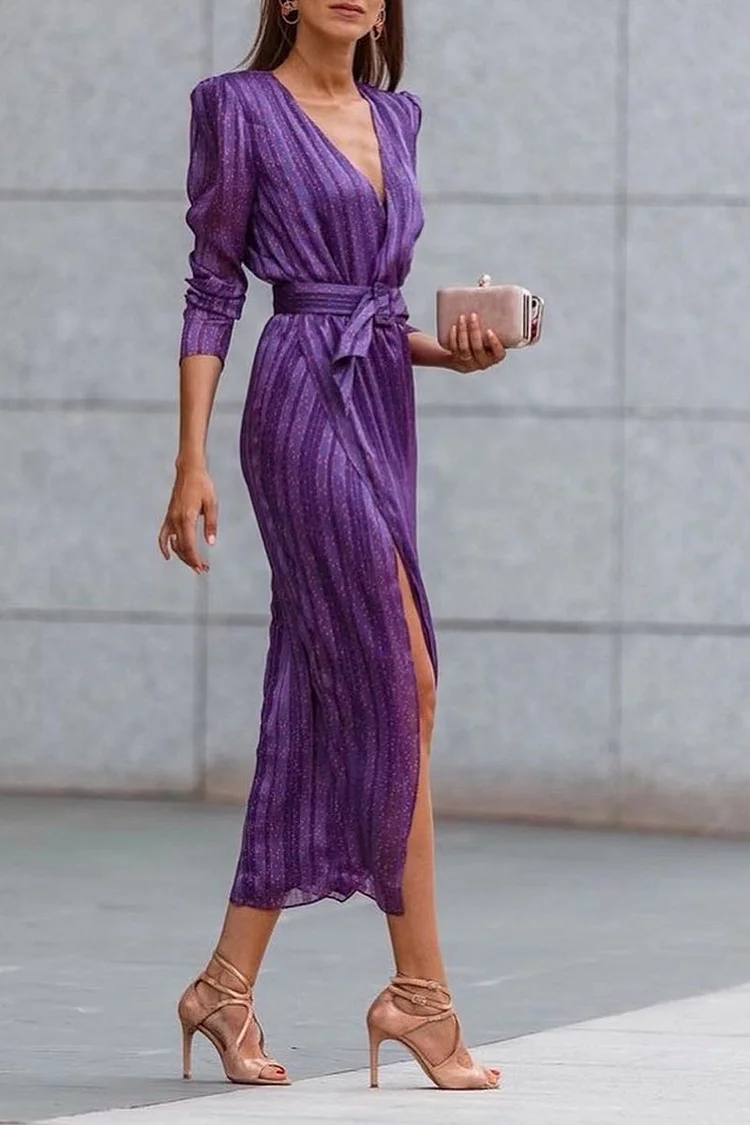 Italian Purple Striped Patchwork Asymmetric V-Neck Waist Dress