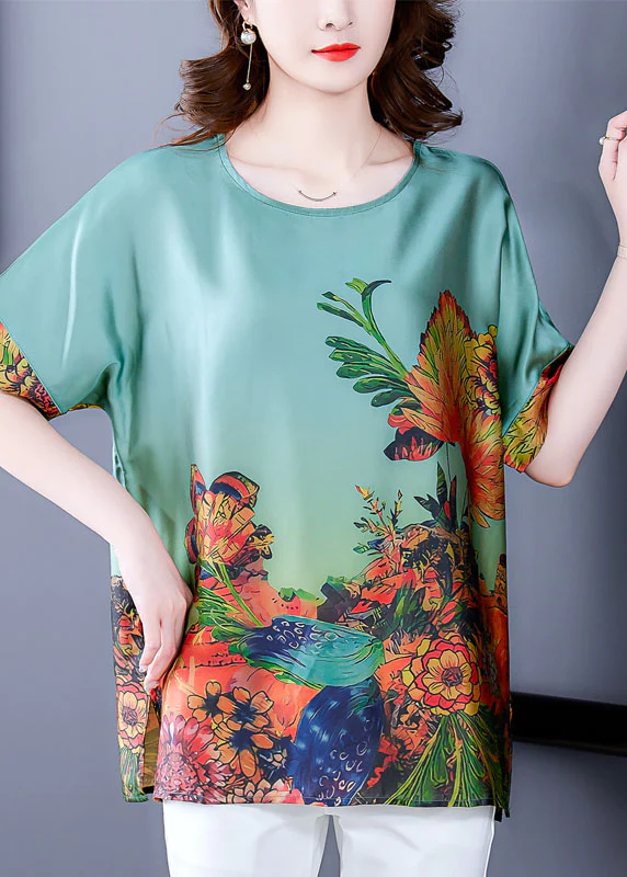 Elegant O Neck Printed Silk Short Sleeve Top