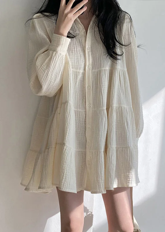 Women's Beige Oversized Pleated Linen Shirt Dress