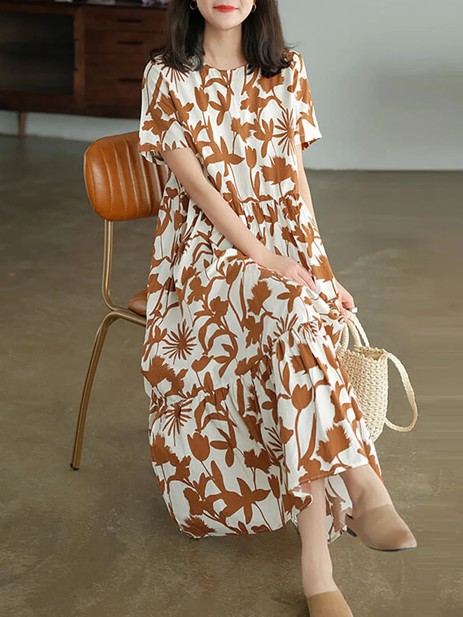 Women's Round Neck Floral Cotton Short Sleeve Dress