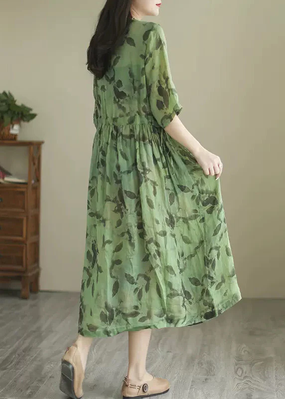 Fashion O Neck Printed Crinkle Waisted Short Sleeve Long Dresses