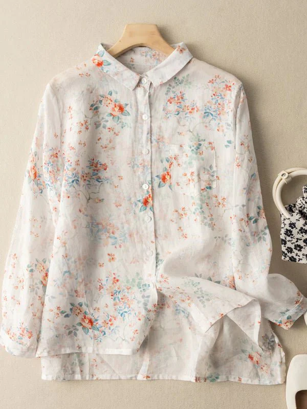 Elegant Ramie Floral Print Long Sleeve Button Down Shirt Top