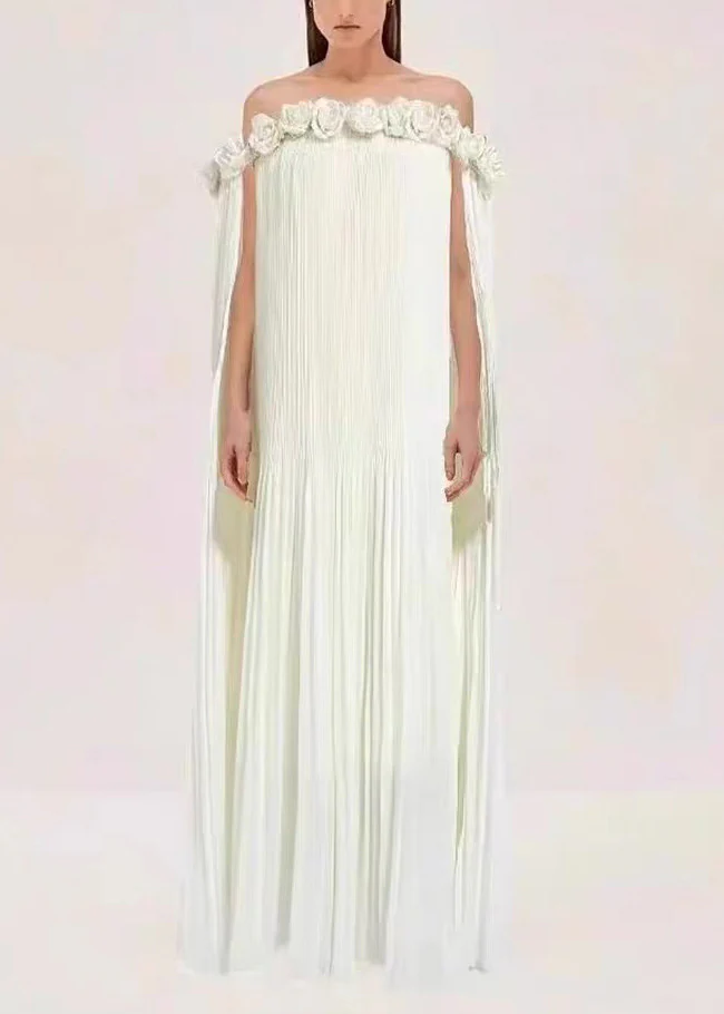 Wrinkled Cotton Long Dress with Red Slant Neck