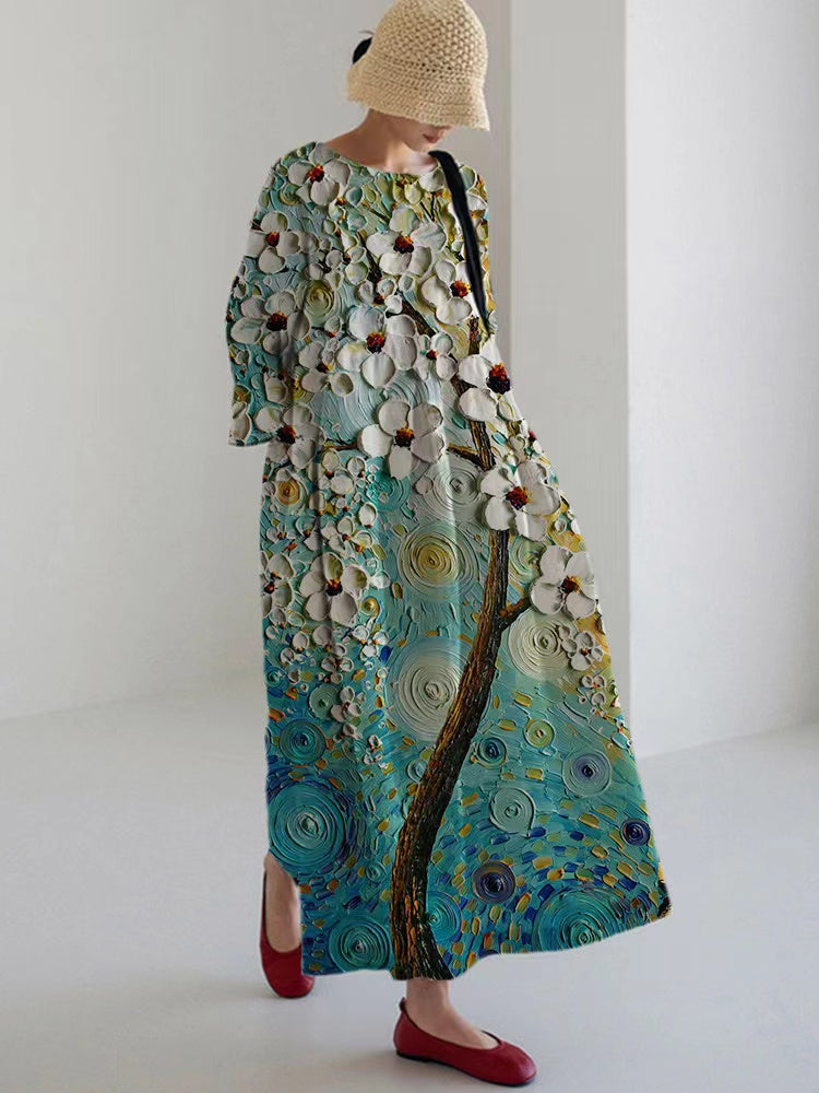 Loose Round Neck Printed Linen Cotton Spring Dresses