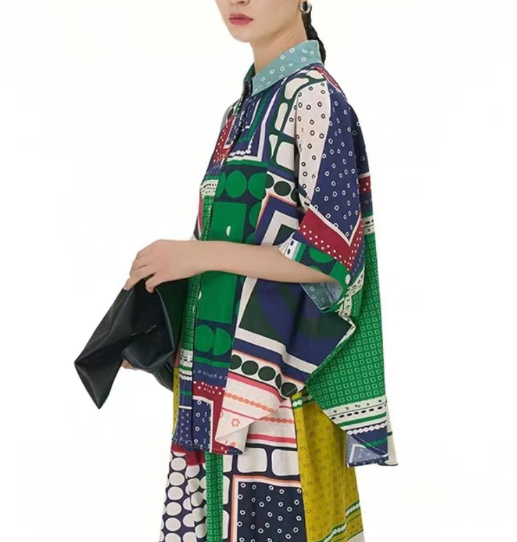 Fashion Geometric Print Lapel Short Sleeve Shirt Top