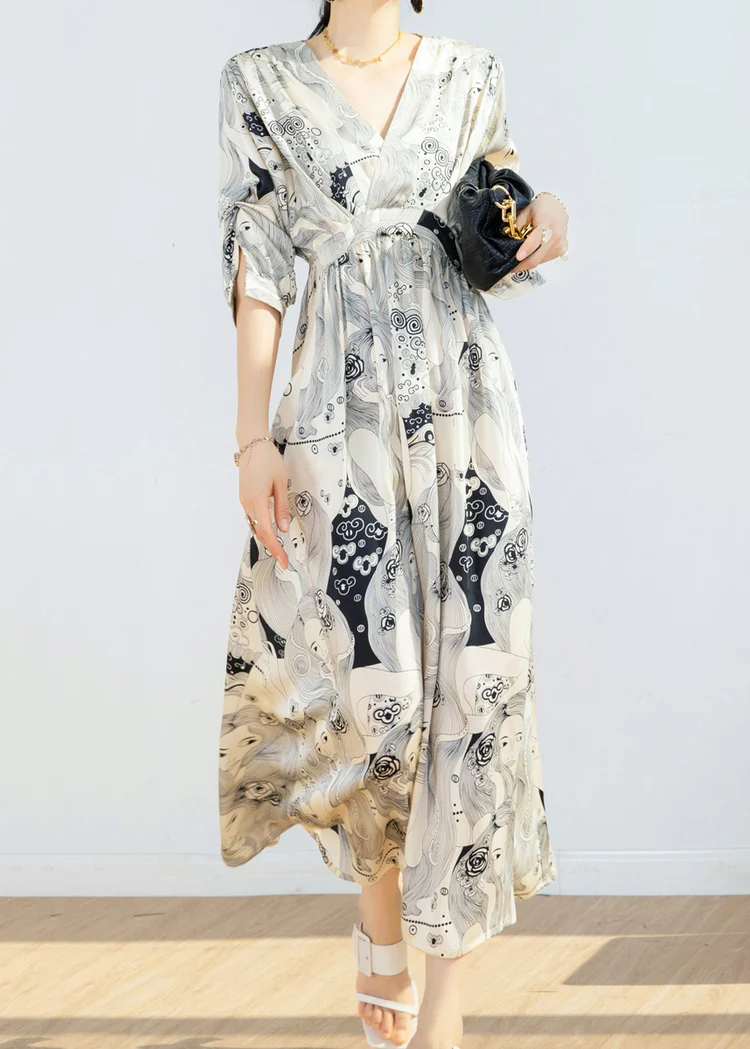 Elegant V-Neck Printed Waist Tie Chiffon Long Dress