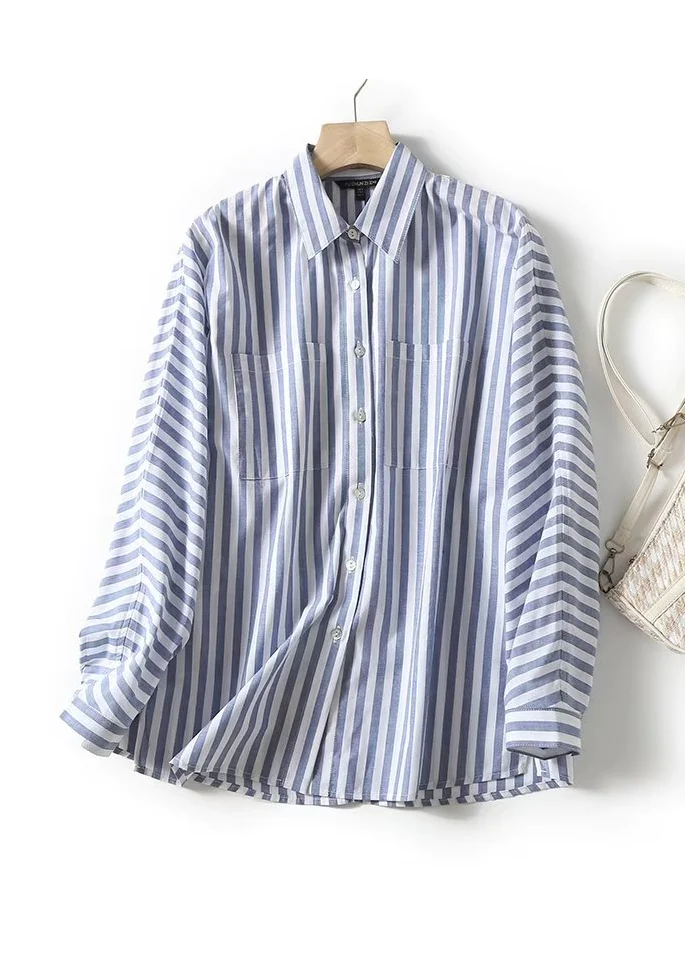 French Collar Striped Pocket Cotton Shirt Long Sleeve Top
