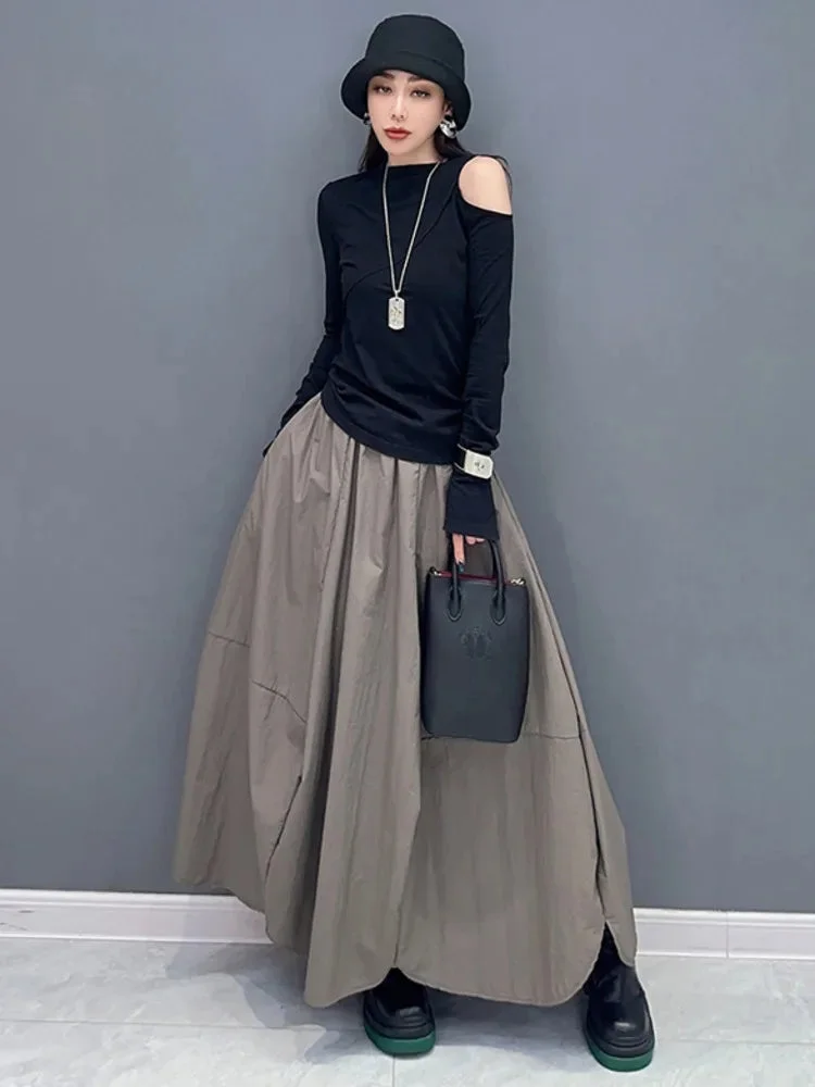 Women's Gray Elastic Waist Petal Hem Bubble Sleeve Halter Dress Spring