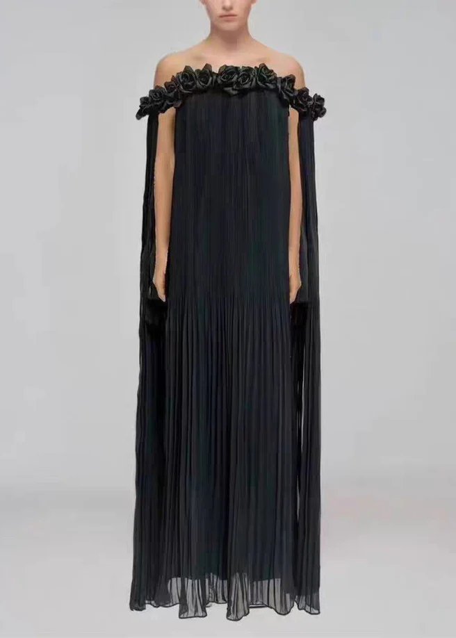 Wrinkled Cotton Long Dress with Red Slant Neck