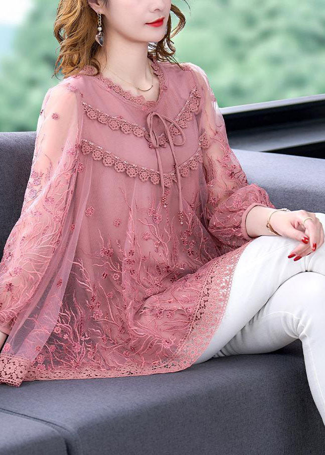 Elegant Organic Pink Embroidered Patchwork Tulle Top