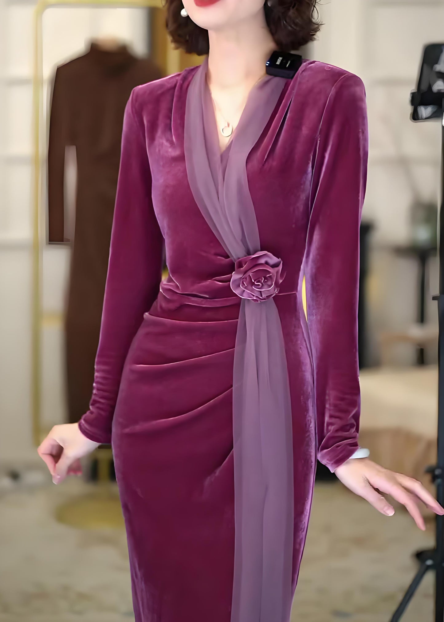 Women's Purple V-Neck Velvet Long Dress