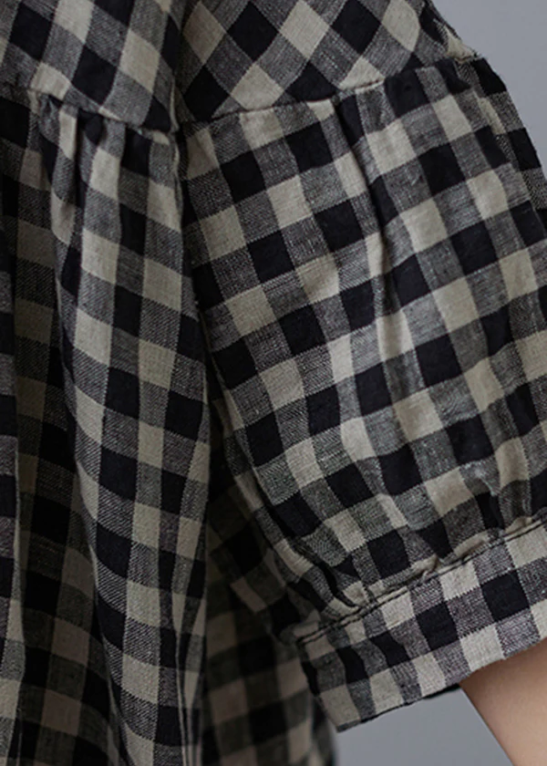 Vintage O Neck Pocket Plaid Linen Dress