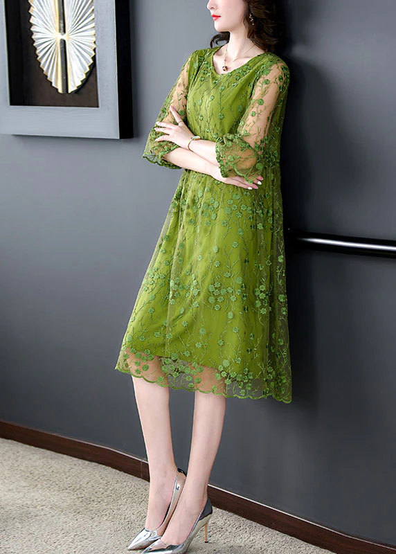 Chic Neck Embroidered Patchwork Tulle Midi Dress