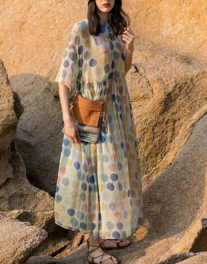Italian Fabric Printed Cotton Short Sleeve Long Dress