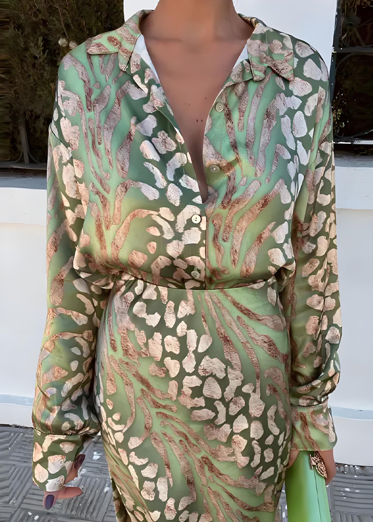 Women's festivalsParty Green Leopard Print Shirt and Skirt Two Piece Set Spring