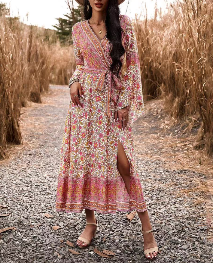 Casual V-Neck Printed Tie Long Sleeve Dress