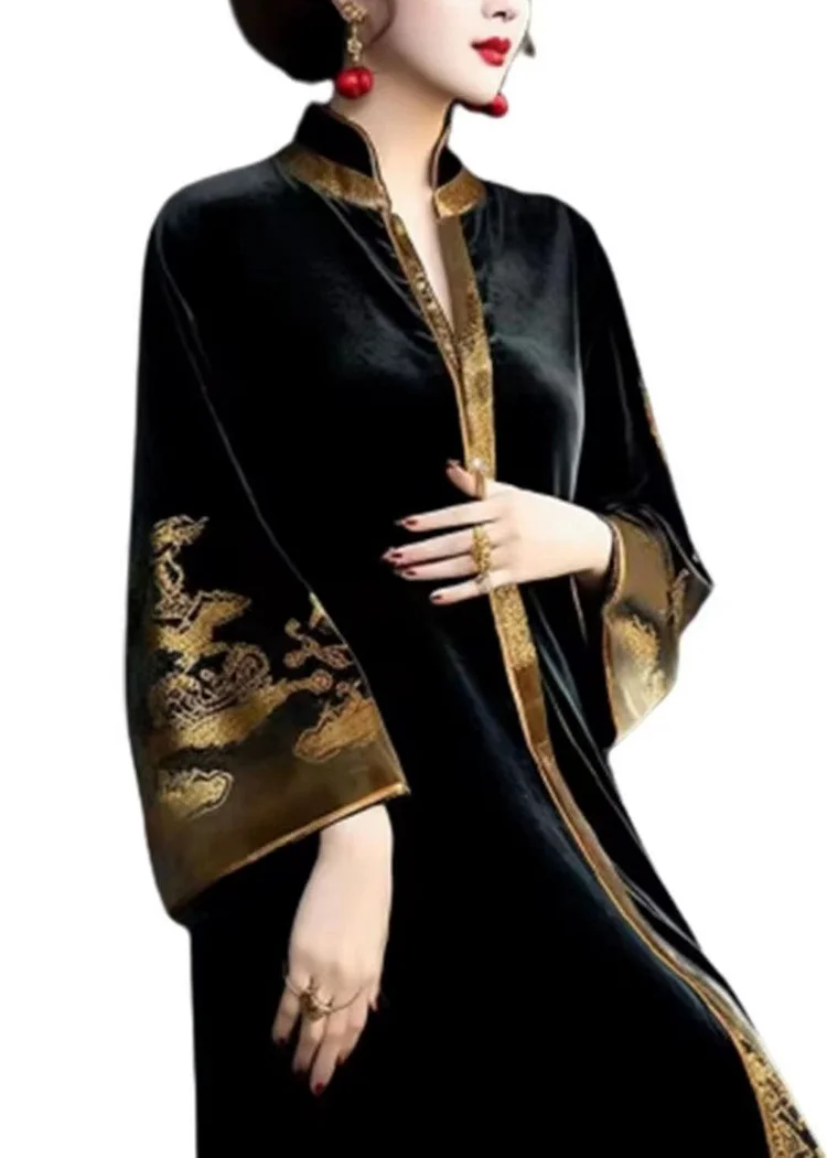Vintage V-Neck Printed Patchwork Velvet Long Dress