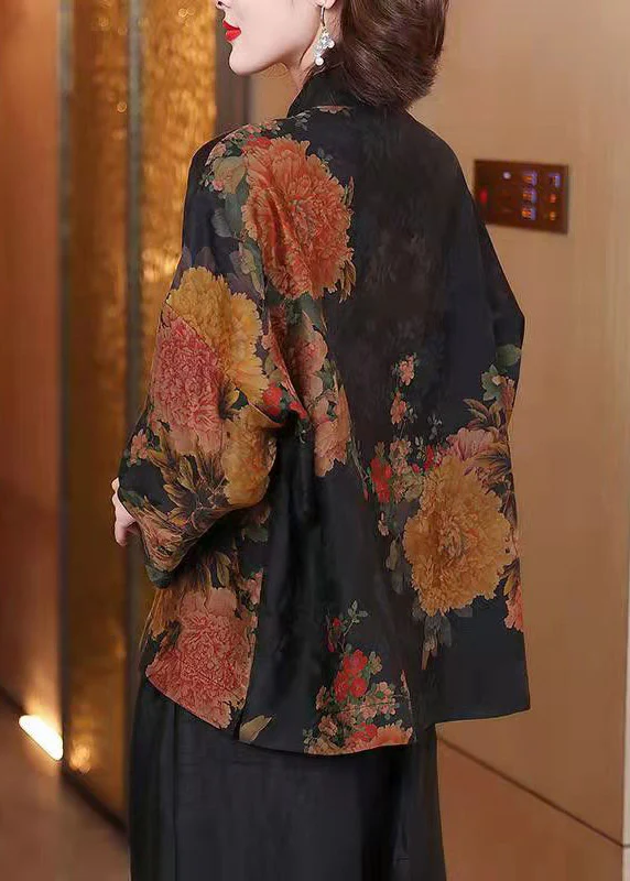 China Phoenix Women's Large Size Lapel Printed Button Silk Shirt Long Sleeve