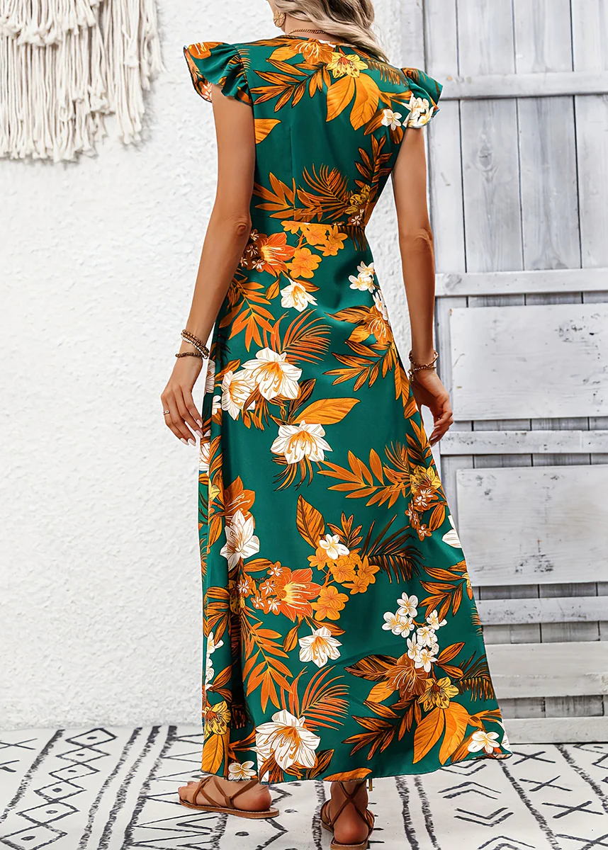 Women's Beach Floral Blue V-Neck Printed Cotton Maxi Dress