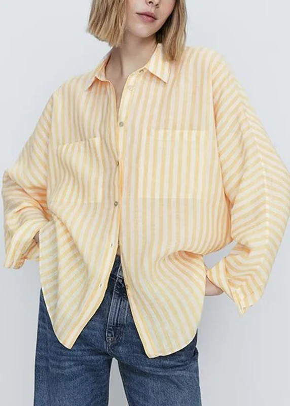 French Collar Striped Pocket Cotton Shirt Long Sleeve Top