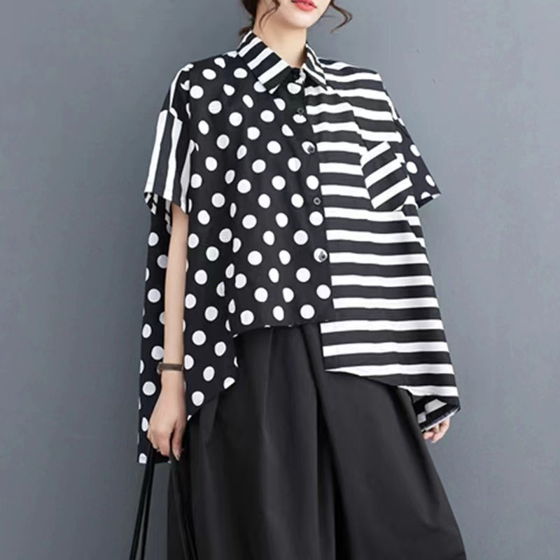 Plus Size Irregular Polka Dot Striped Short Sleeve Shirt