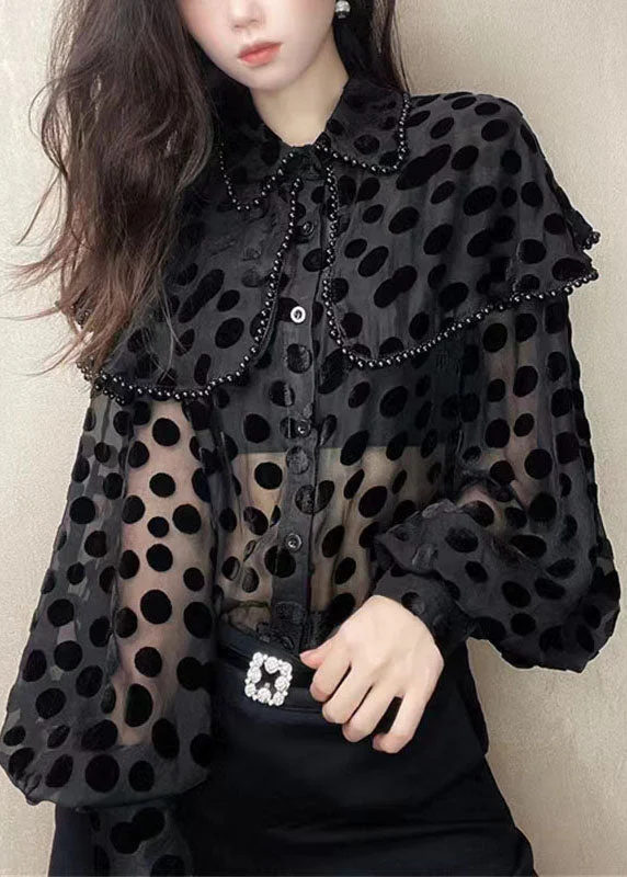 Women's Polka Dot Black Peter Pan Collar Beaded Patchwork Velvet Shirt