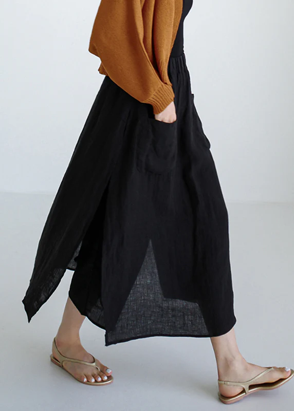 Black Side Split Linen Pant Skirt Summer