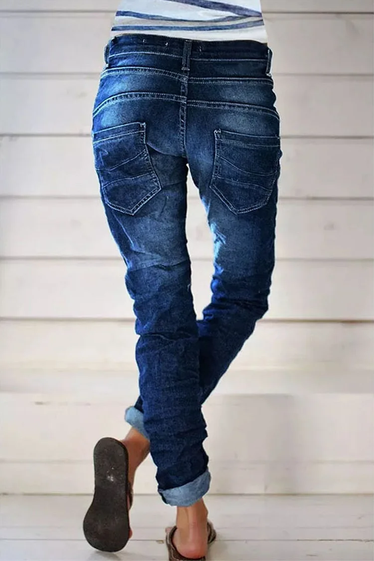 Organic denim street solid color distressed quilted high waisted jeans