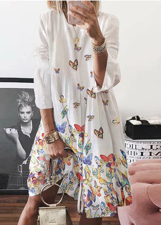 Bohemian Blue O Neck Butterfly Print Cotton Midi Dress Short Sleeve Travel