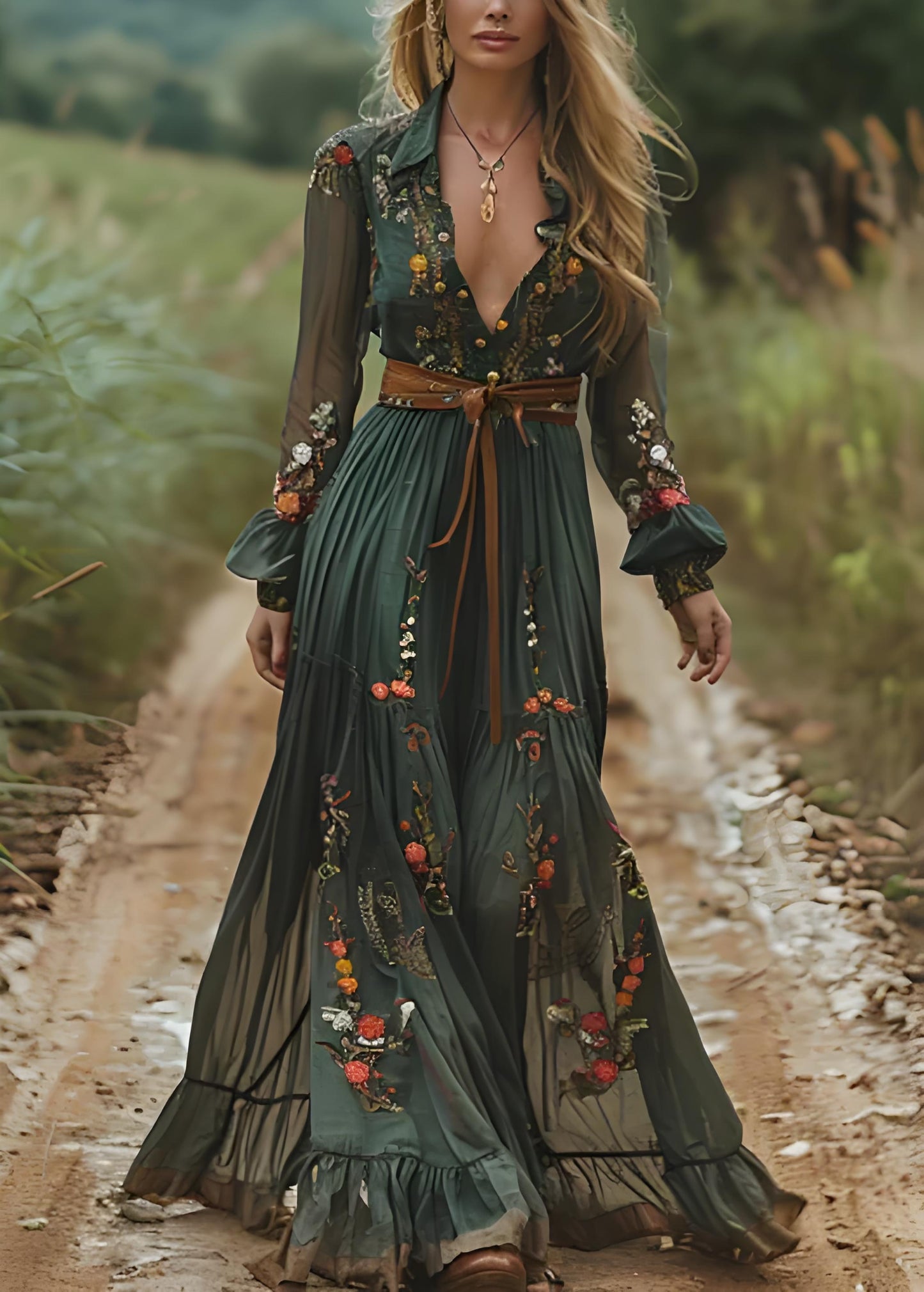 Women's Boho Green Peter Pan Collar Printed Ruched Cotton Long Dresses