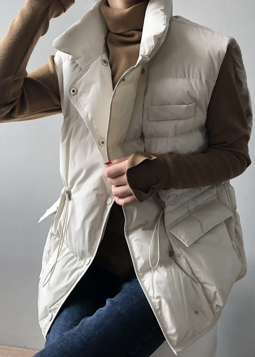 Women's White Button Drawstring Sleeveless Down Vest