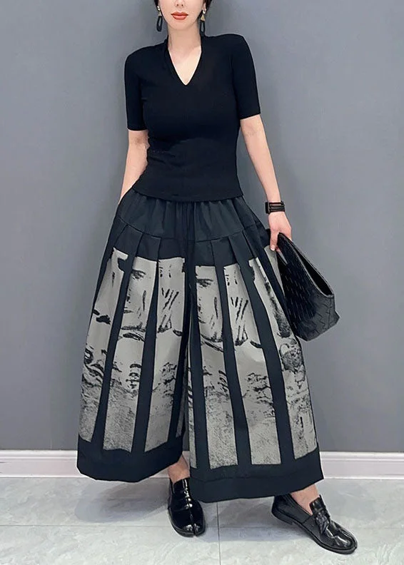 Style Black Elastic Waist Pocket Printed Cotton Wide Leg Pants Spring