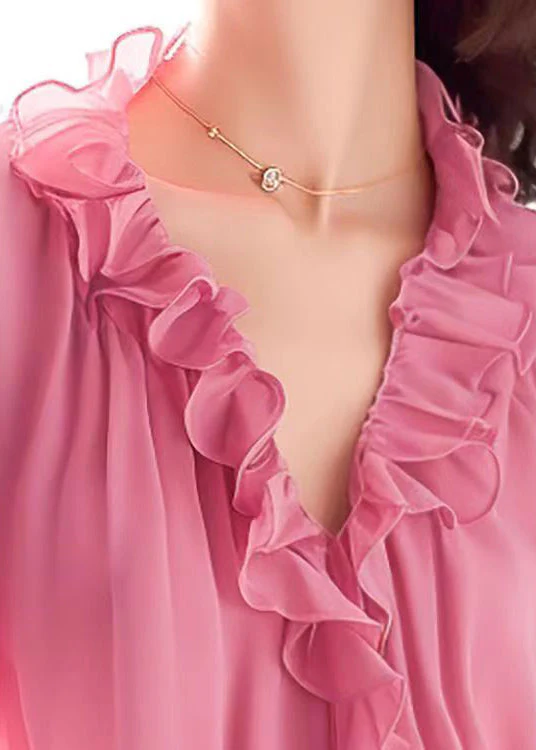 Women's Pink V-Neck Ruffle Trim Chiffon Blouse Hands