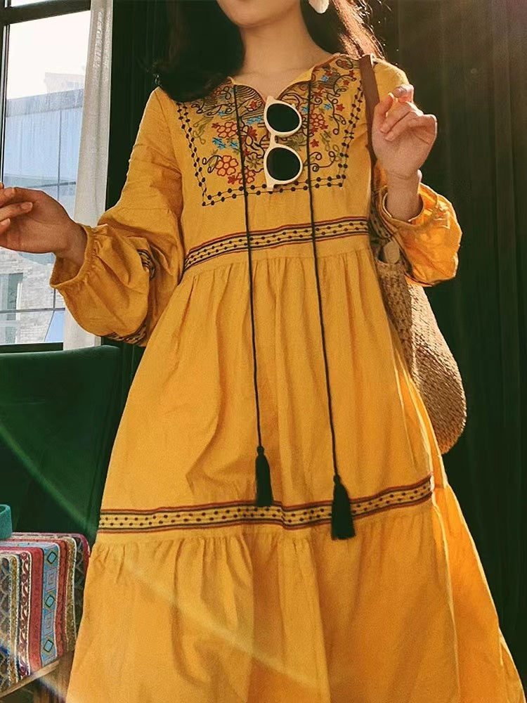 Bohemian Tie Embroidered Sun Screen Long Sleeve Patchwork Dress