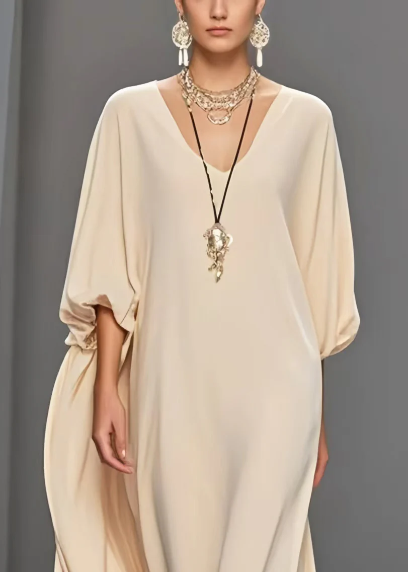 Women's Beach Party Apricot Oversized Draped Chiffon Dress Lantern Sleeve