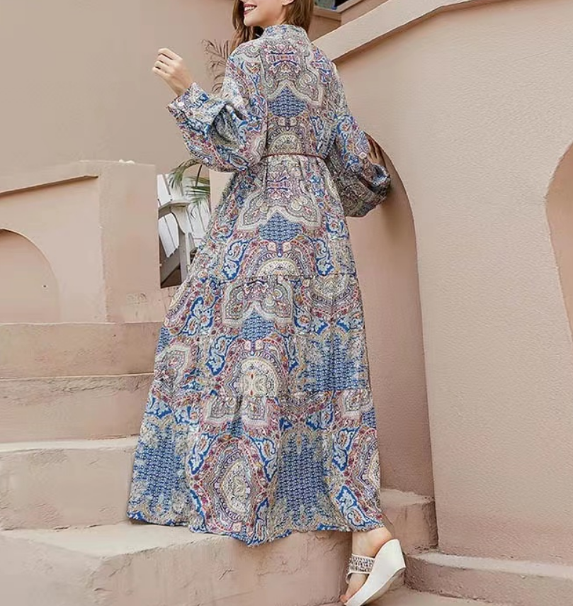 French Print Cardigan Long Sleeve Long Dresses