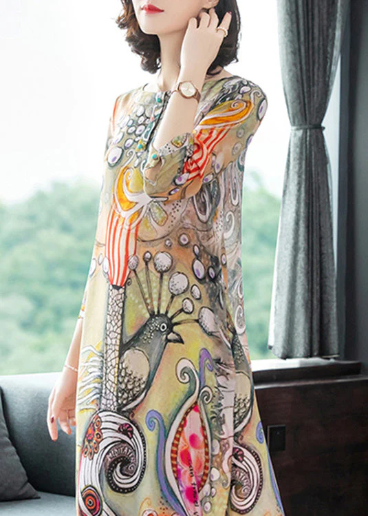 Women's Peacock Pattern Round Neck Printed Silk Vacation Dress Long Sleeve