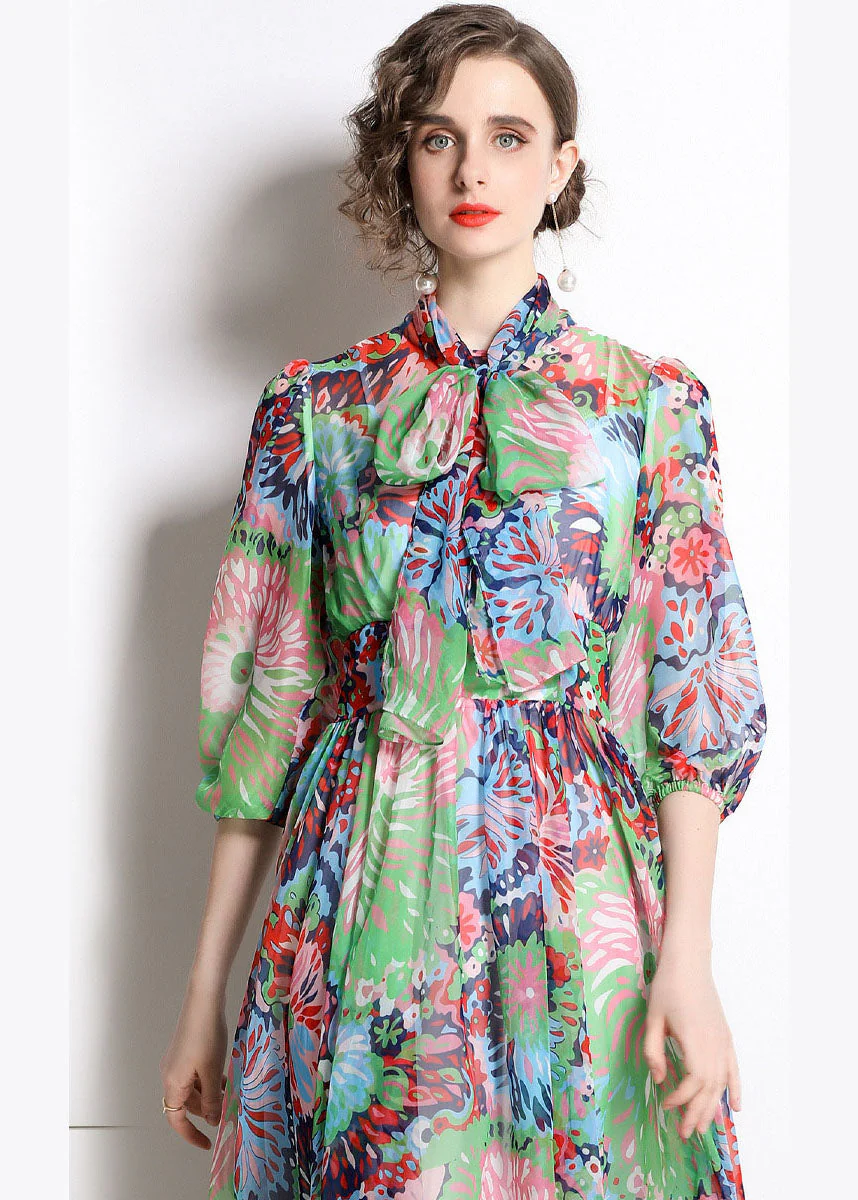 Women's Party Travel Green Zipper Printed Chiffon Tunic Waist Half Sleeve Dress Dresses