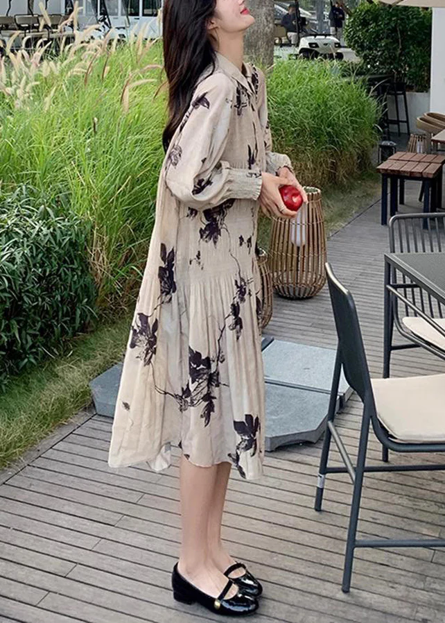 Women's Ruched Printed Button-Neck Long Dress