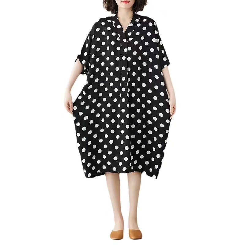 Loose V-Neck Printed Black and White Polka Dot Short Sleeve Dress