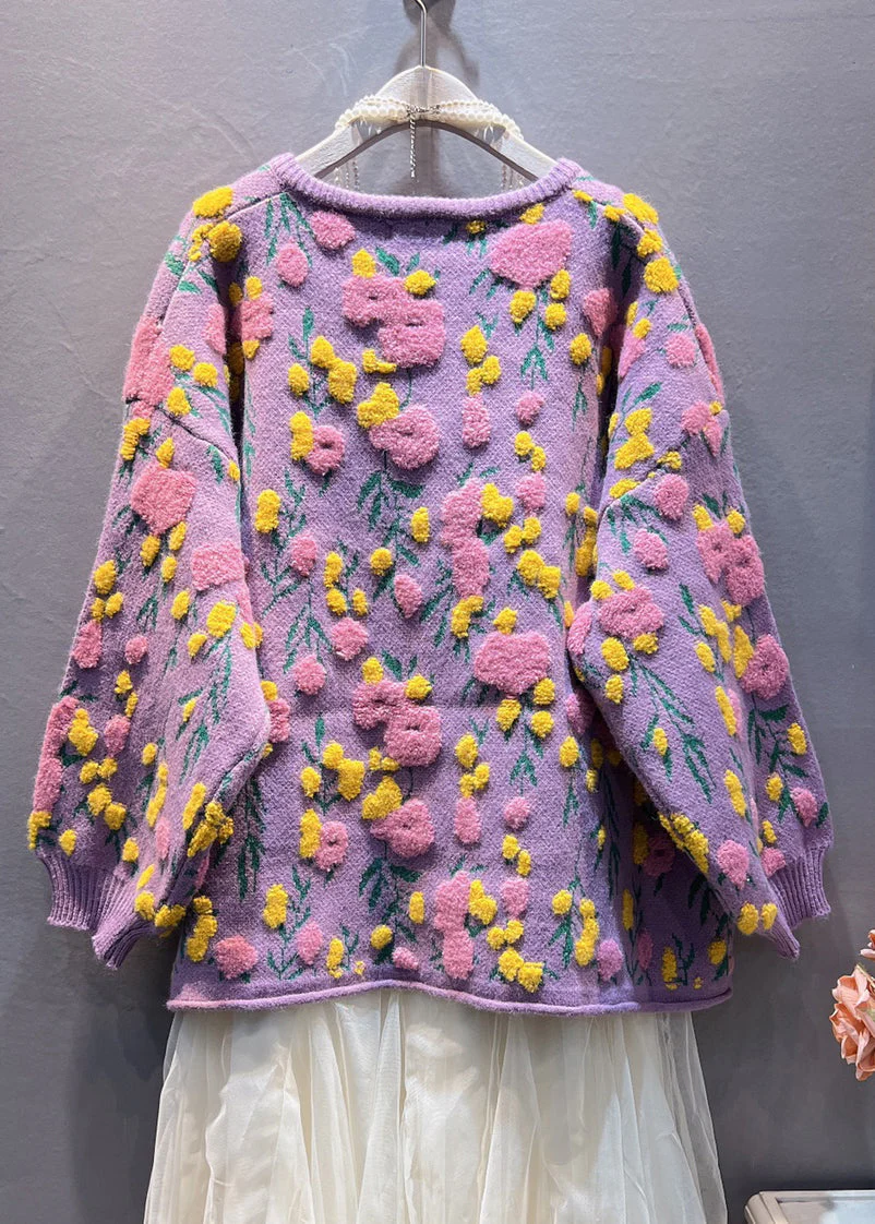 Women's Purple Floral Pattern Button Down Sweater Long Sleeve Jacket