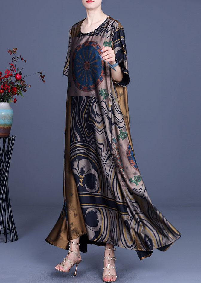 French Printed Silk O-Neck Long Dress