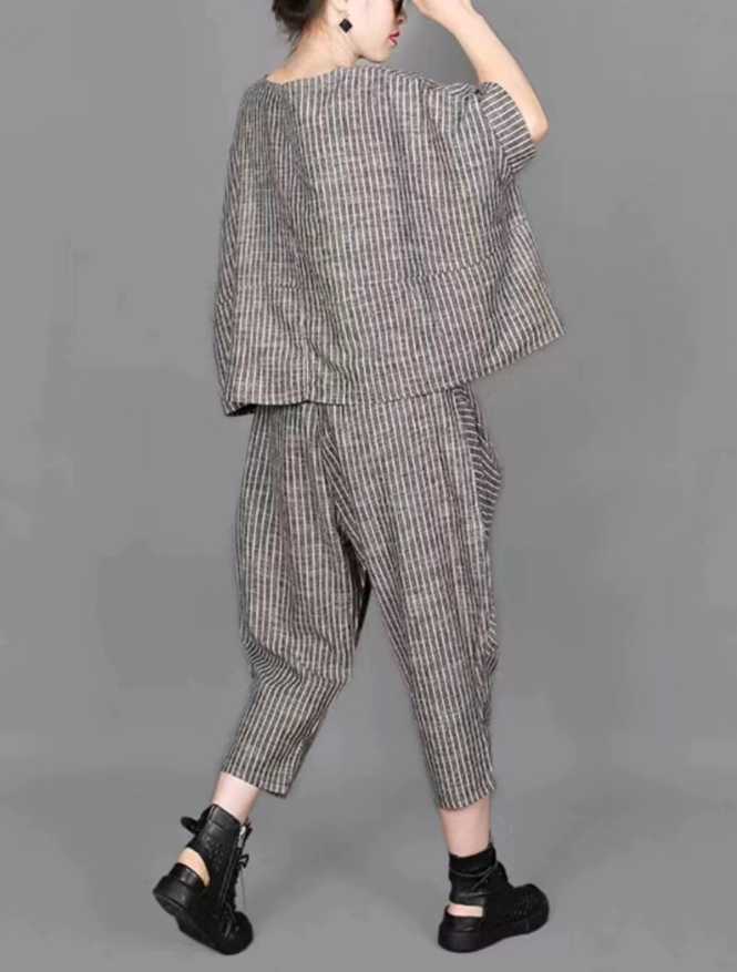 Casual Striped Asymmetrical Short Sleeve Suit