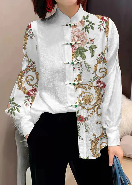 Chinese Style Standing Collar Silk Top Long Lantern Sleeves