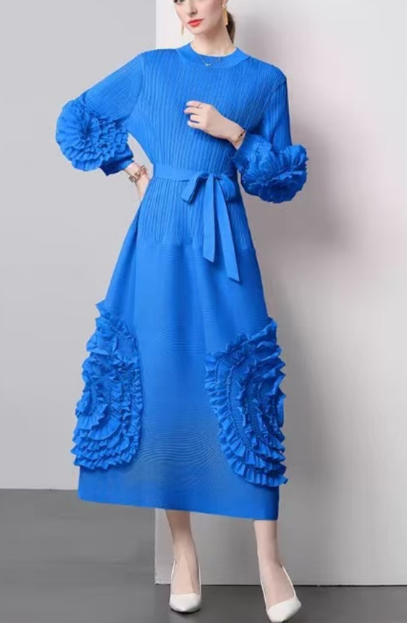 Women's Plus Size Round Neck Pleated Floral Bubble Sleeve Dresses