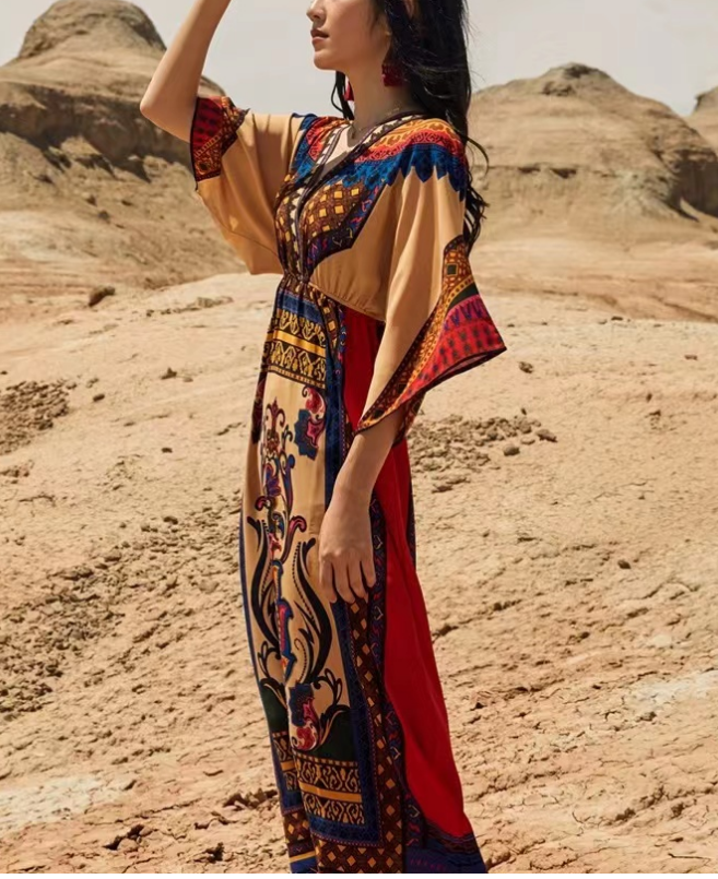 Bohemian V-Neck Printed Beach Short Sleeve Dress