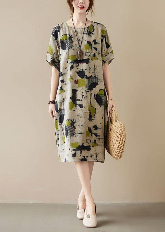 Elegant Printed O Neck Pocket Cotton Linen Half Sleeve Dress