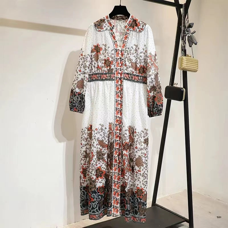 Elegant Round Neck Printed Long Sleeve Long Dresses