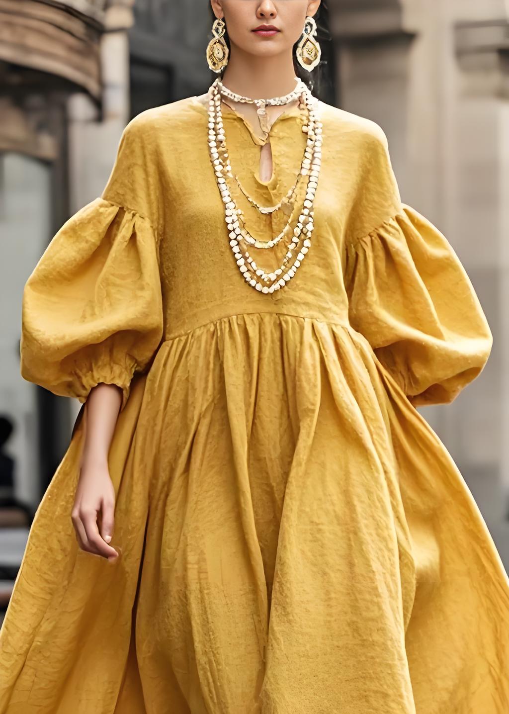 Women's Italian Bohemian Yellow Cotton Long Dress Lantern Sleeve Spring Summer